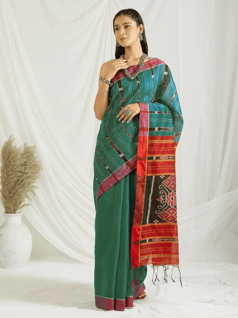 HARIT: Handloom cotton silk Sambhalpuri Ikat saree - SIMPLY KITSCH