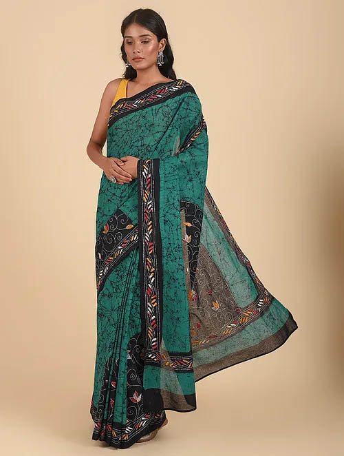 HARYALI NAKSH: Cotton batik saree with hand kantha embroidery - SIMPLY KITSCH