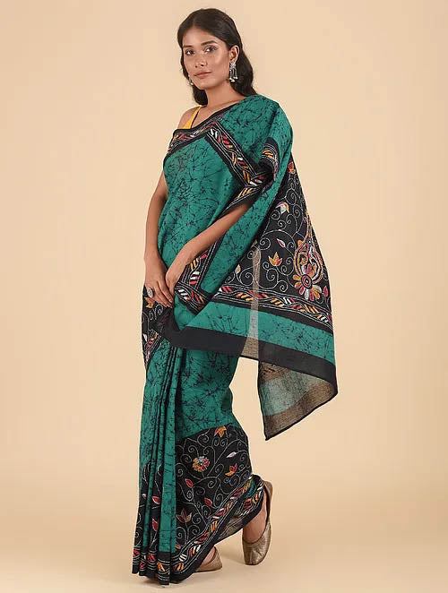 HARYALI NAKSH: Cotton batik saree with hand kantha embroidery - SIMPLY KITSCH