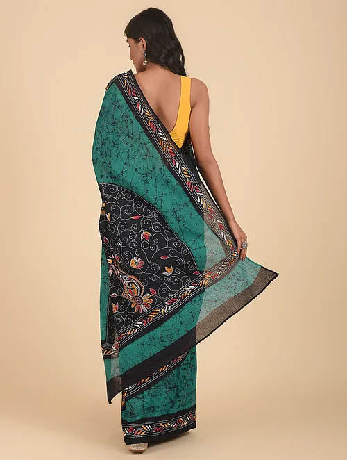 HARYALI NAKSH: Cotton batik saree with hand kantha embroidery - SIMPLY KITSCH