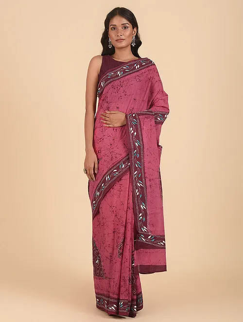 NAKSH: Cotton batik saree with hand kantha embroidery - SIMPLY KITSCH