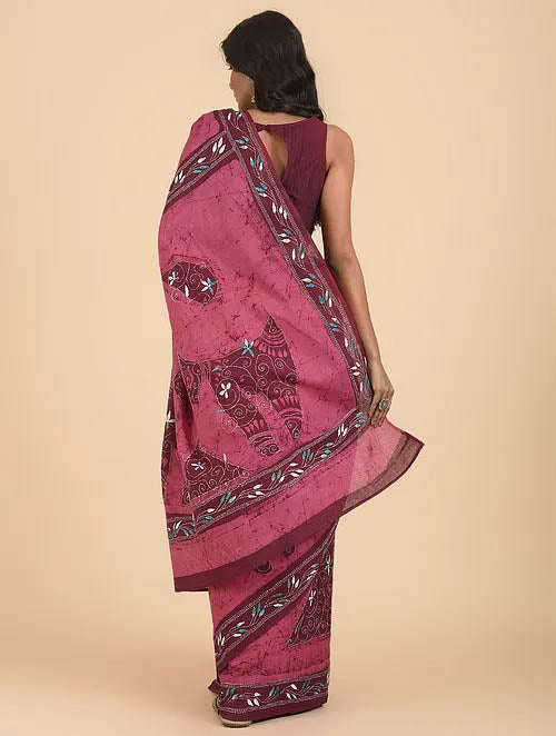 NAKSH: Cotton batik saree with hand kantha embroidery - SIMPLY KITSCH