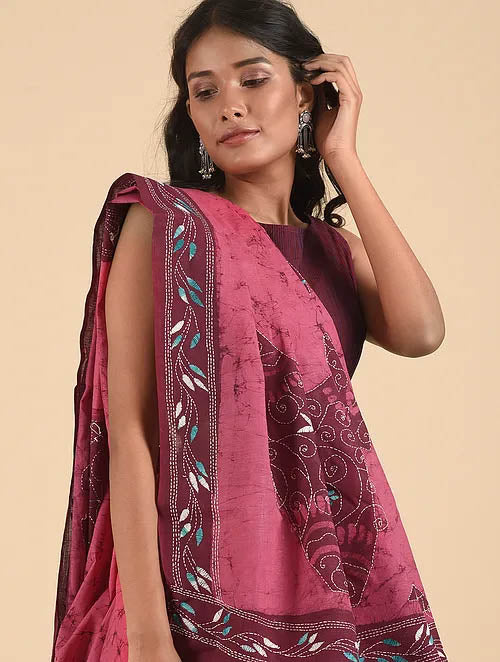 NAKSH: Cotton batik saree with hand kantha embroidery - SIMPLY KITSCH