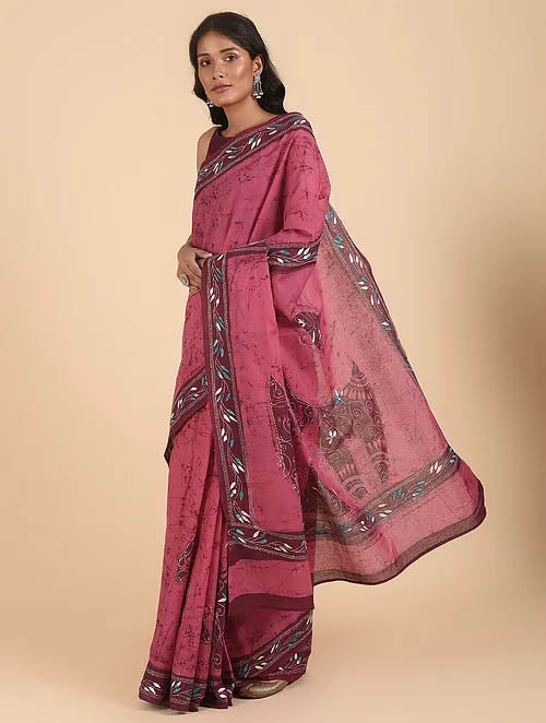 NAKSH: Cotton batik saree with hand kantha embroidery - SIMPLY KITSCH