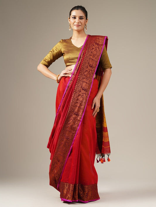 TYOHAAR: Handloom cotton silk saree with woven zari border design - SIMPLY KITSCH