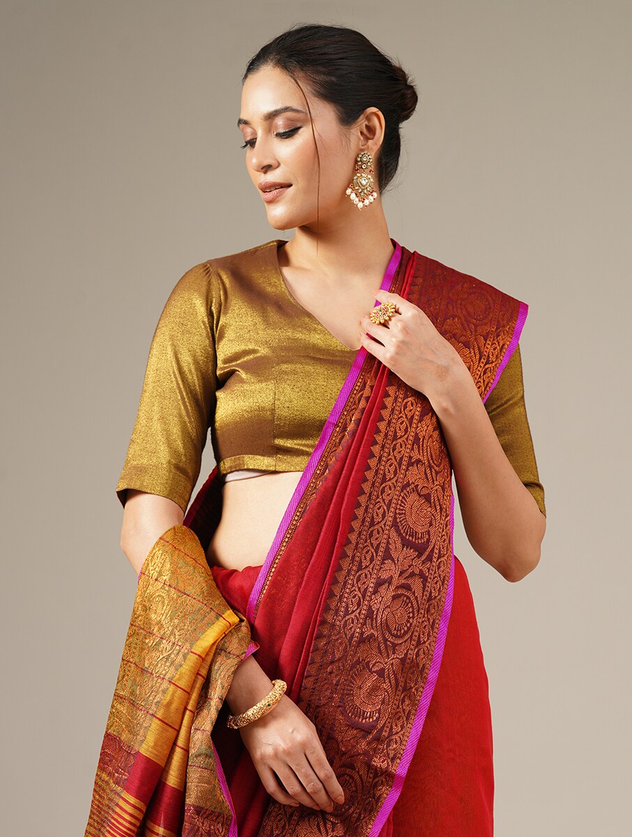 TYOHAAR: Handloom cotton silk saree with woven zari border design - SIMPLY KITSCH