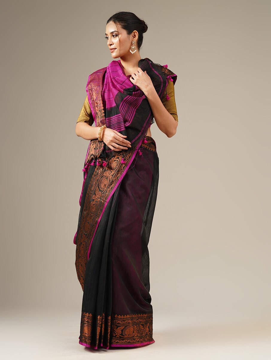 UTSAV: Handloom cotton silk saree with woven zari border design - SIMPLY KITSCH