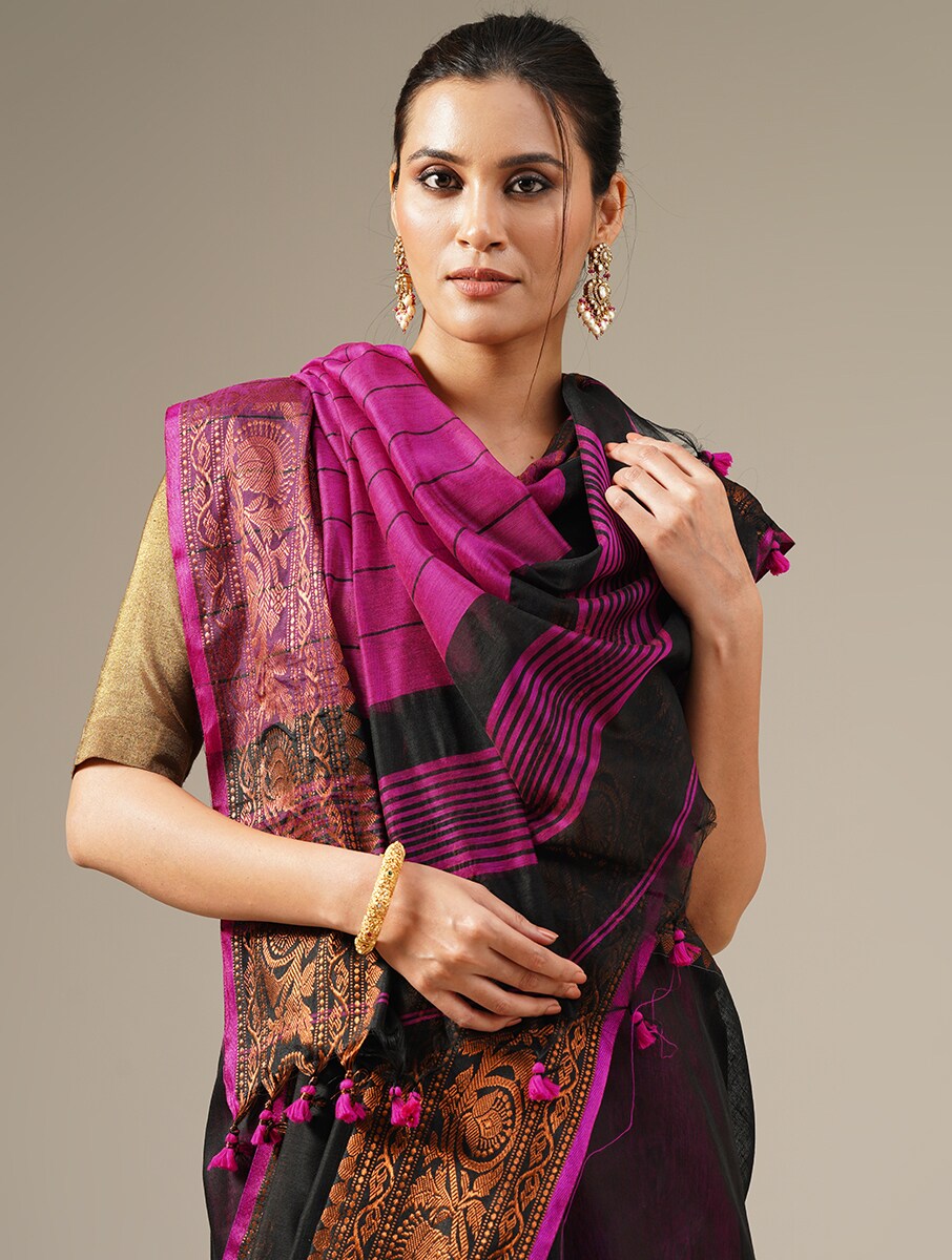 UTSAV: Handloom cotton silk saree with woven zari border design - SIMPLY KITSCH