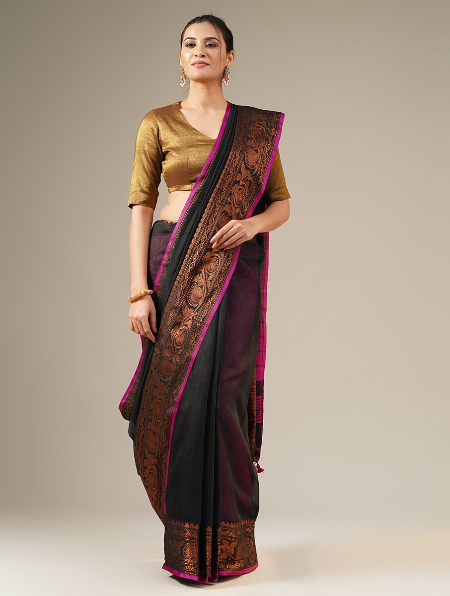 UTSAV: Handloom cotton silk saree with woven zari border design - SIMPLY KITSCH