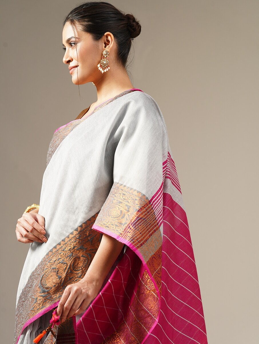 RASM: Handloom cotton silk saree with woven zari border design - SIMPLY KITSCH