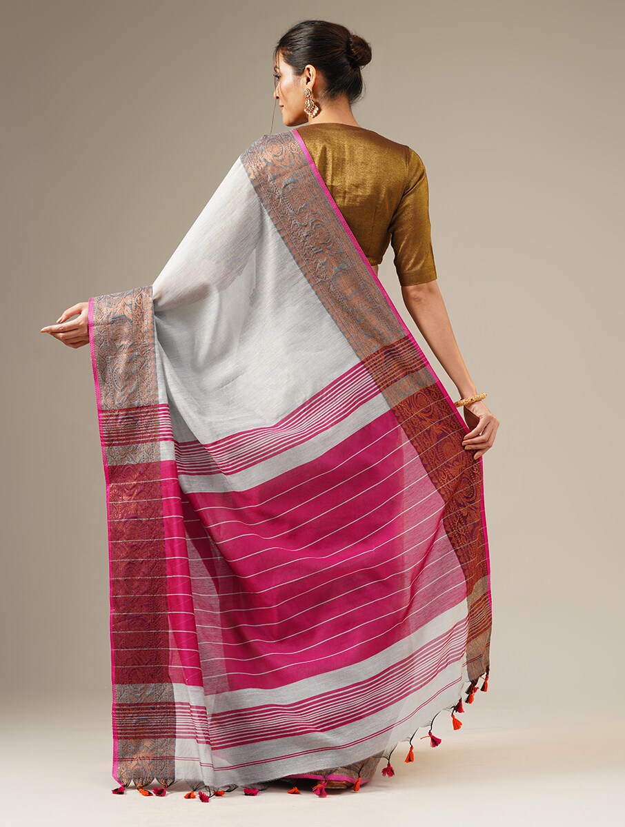 RASM: Handloom cotton silk saree with woven zari border design - SIMPLY KITSCH