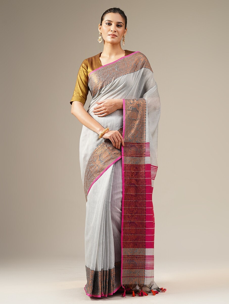 RASM: Handloom cotton silk saree with woven zari border design - SIMPLY KITSCH