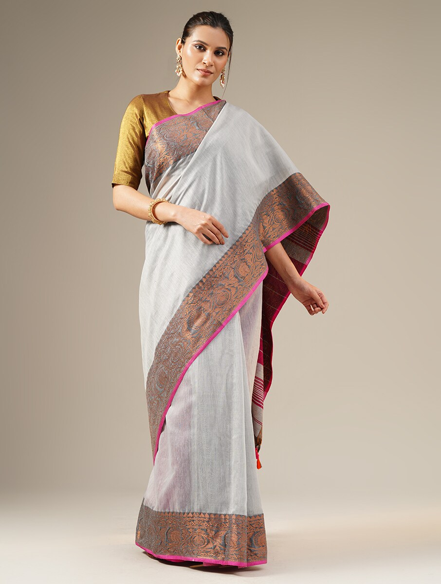 RASM: Handloom cotton silk saree with woven zari border design - SIMPLY KITSCH