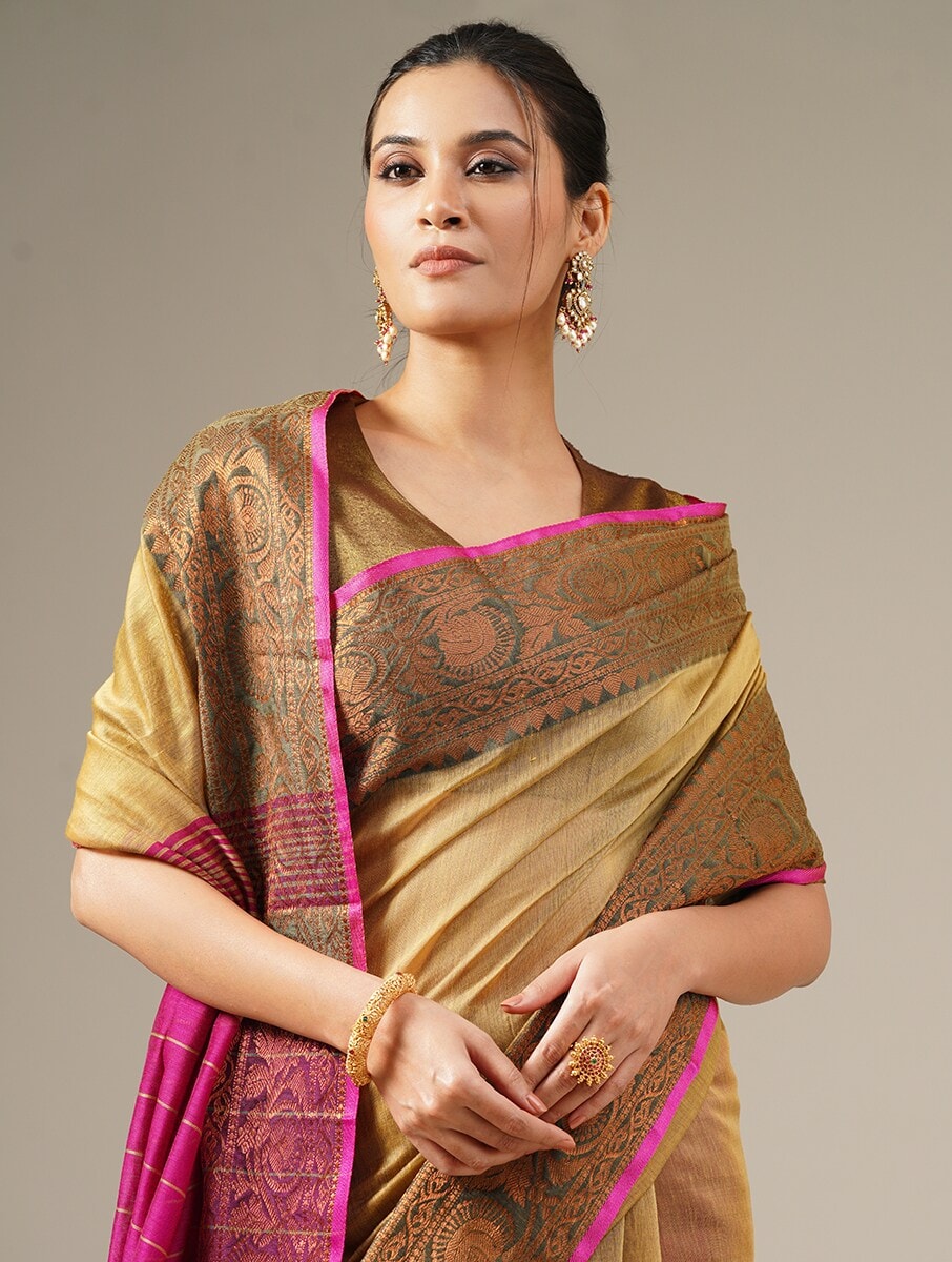 JASHN: Handloom cotton silk saree with woven zari border - SIMPLY KITSCH