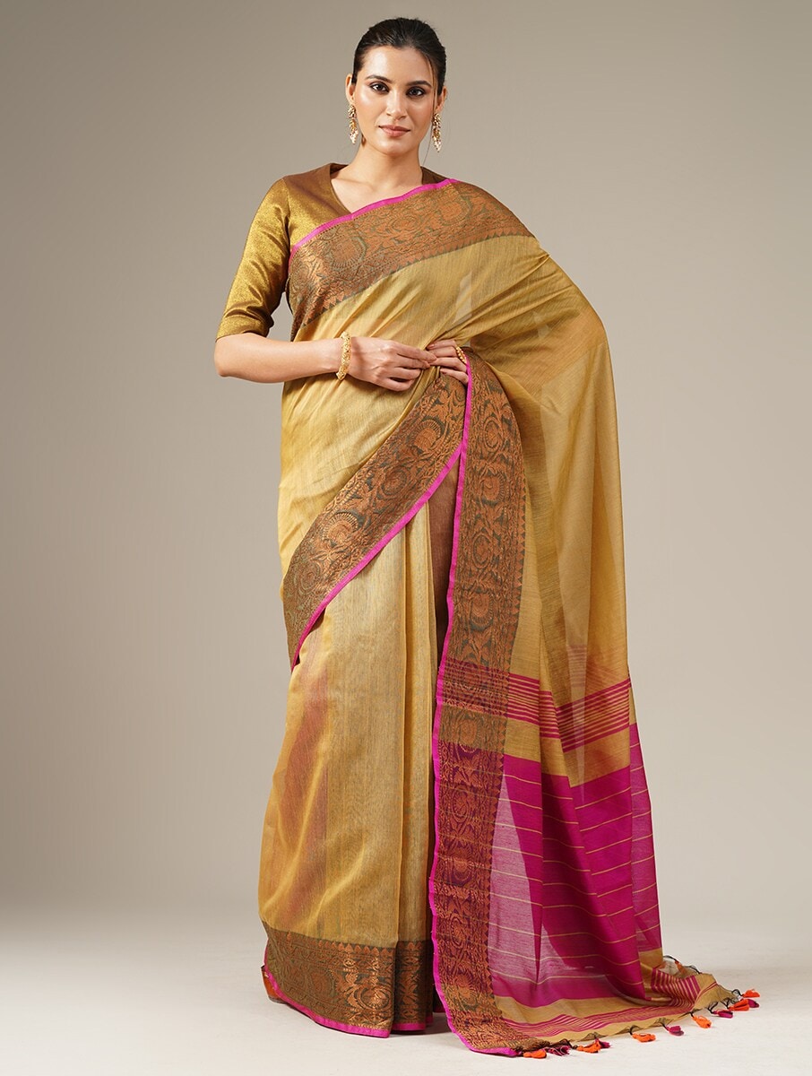 JASHN: Handloom cotton silk saree with woven zari border - SIMPLY KITSCH