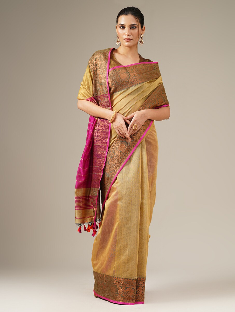 JASHN: Handloom cotton silk saree with woven zari border - SIMPLY KITSCH