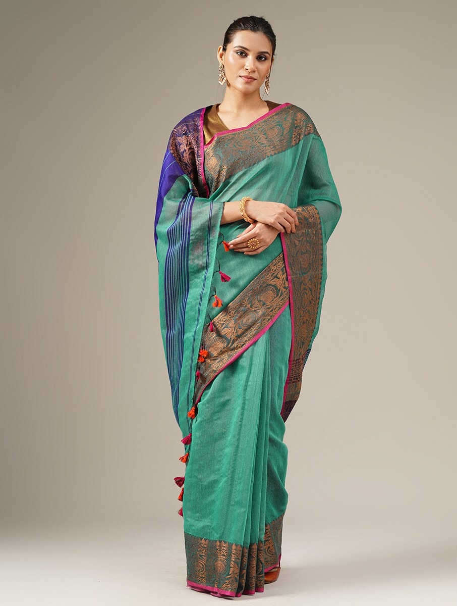 PARV: Handloom cotton silk saree with woven zari border design - SIMPLY KITSCH