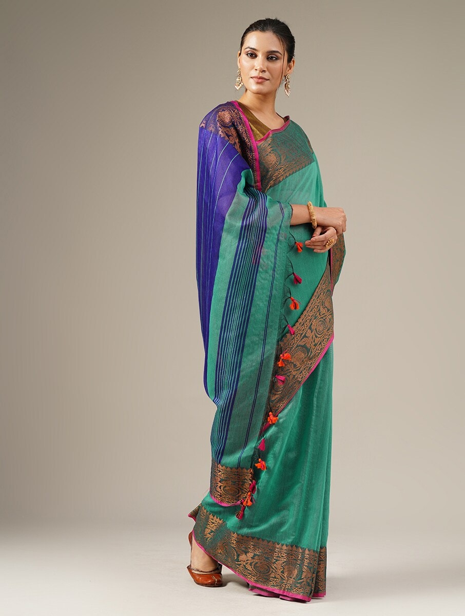 PARV: Handloom cotton silk saree with woven zari border design - SIMPLY KITSCH