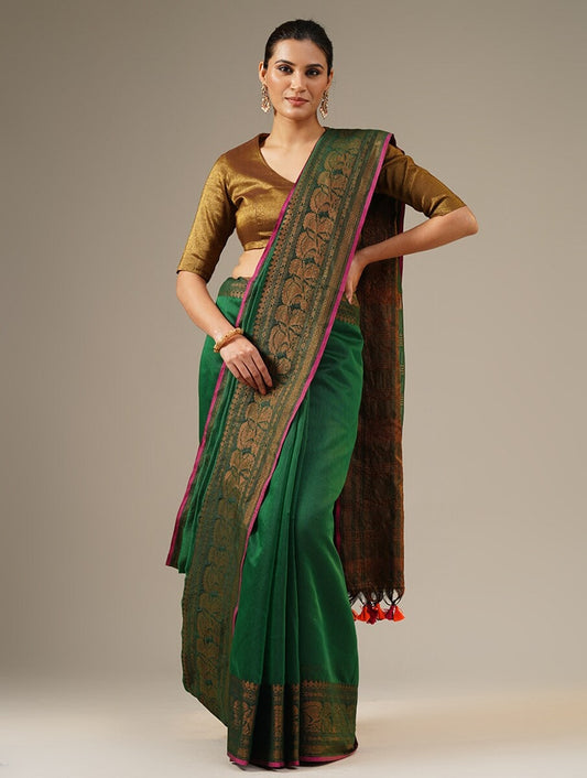 JALSA: Handloom cotton silk saree with woven zari border design - SIMPLY KITSCH