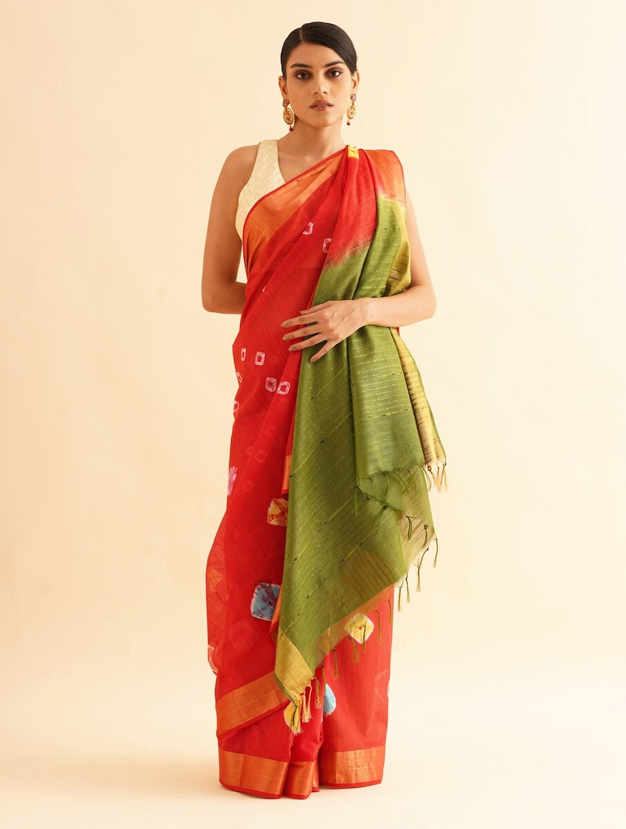 SINDOORI: Cotton silk bandhej saree with sequin details - SIMPLY KITSCH