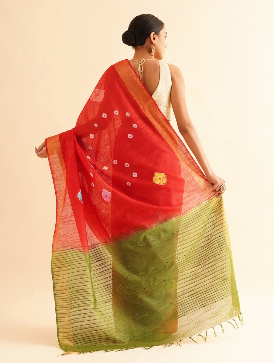 SINDOORI: Cotton silk bandhej saree with sequin details - SIMPLY KITSCH