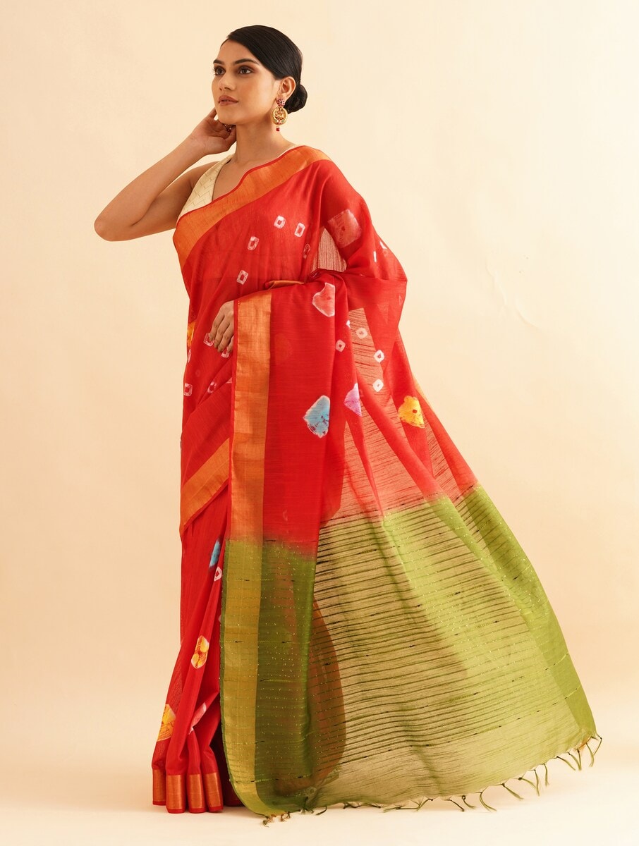 SINDOORI: Cotton silk bandhej saree with sequin details - SIMPLY KITSCH