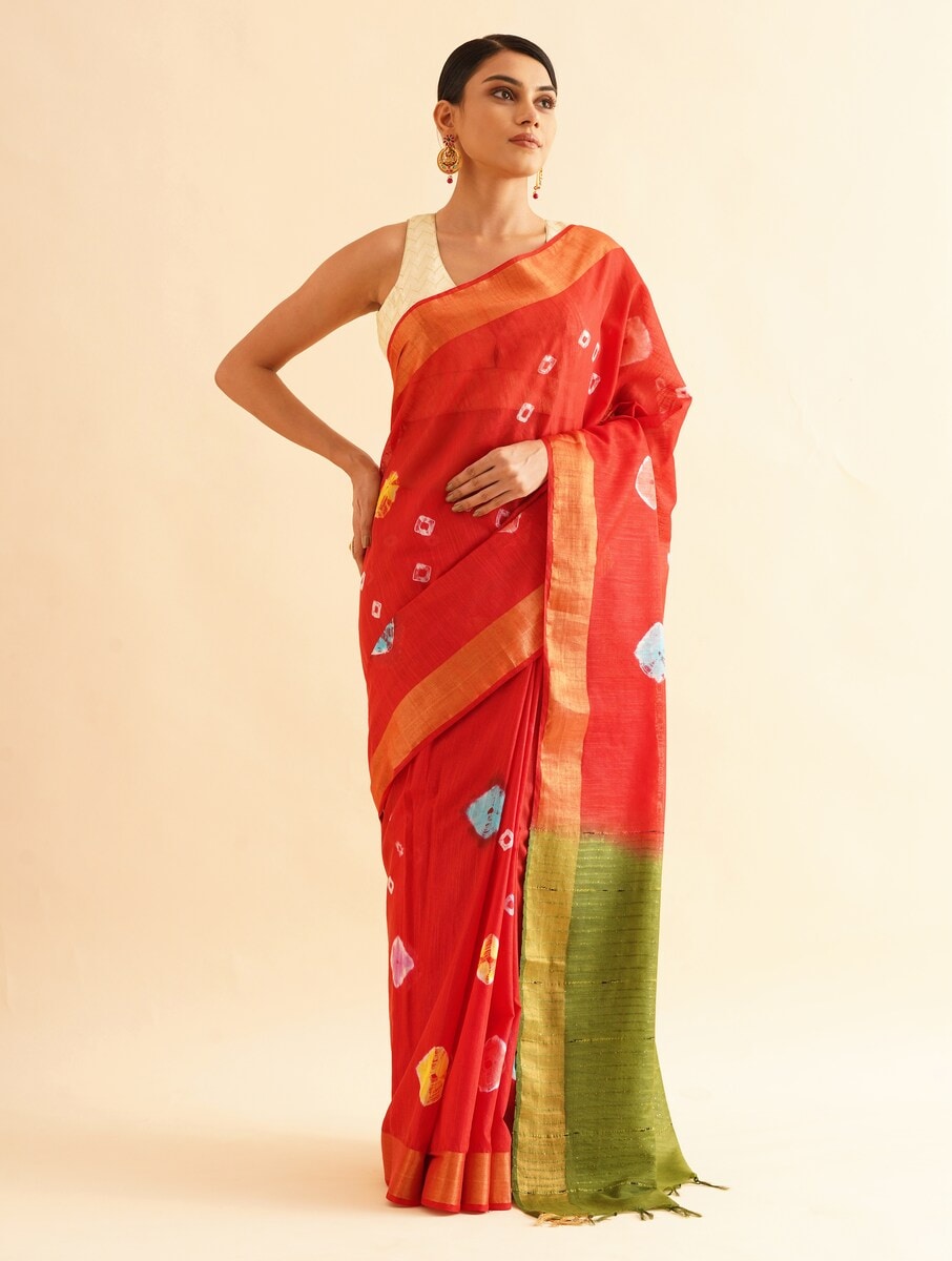 SINDOORI: Cotton silk bandhej saree with sequin details - SIMPLY KITSCH