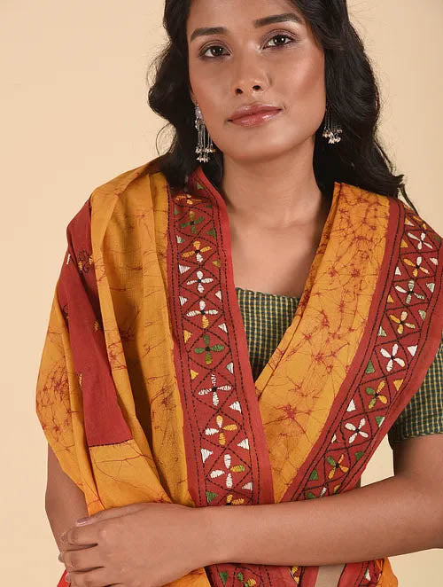 NAKSHI: Cotton batik saree with hand kantha embroidery - SIMPLY KITSCH