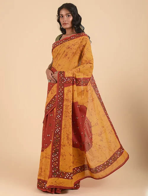 NAKSHI: Cotton batik saree with hand kantha embroidery - SIMPLY KITSCH