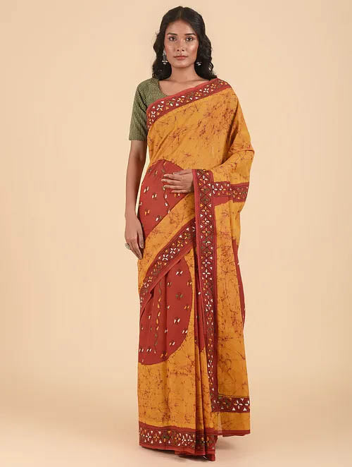 NAKSHI: Cotton batik saree with hand kantha embroidery - SIMPLY KITSCH