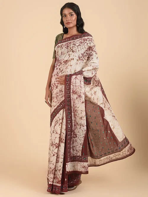 KATTHIYE NAKSH: Cotton batik saree with hand kantha embroidery - SIMPLY KITSCH