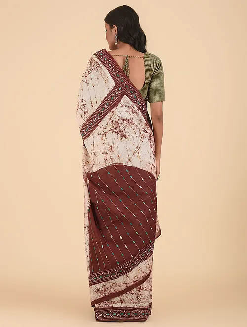 KATTHIYE NAKSH: Cotton batik saree with hand kantha embroidery - SIMPLY KITSCH