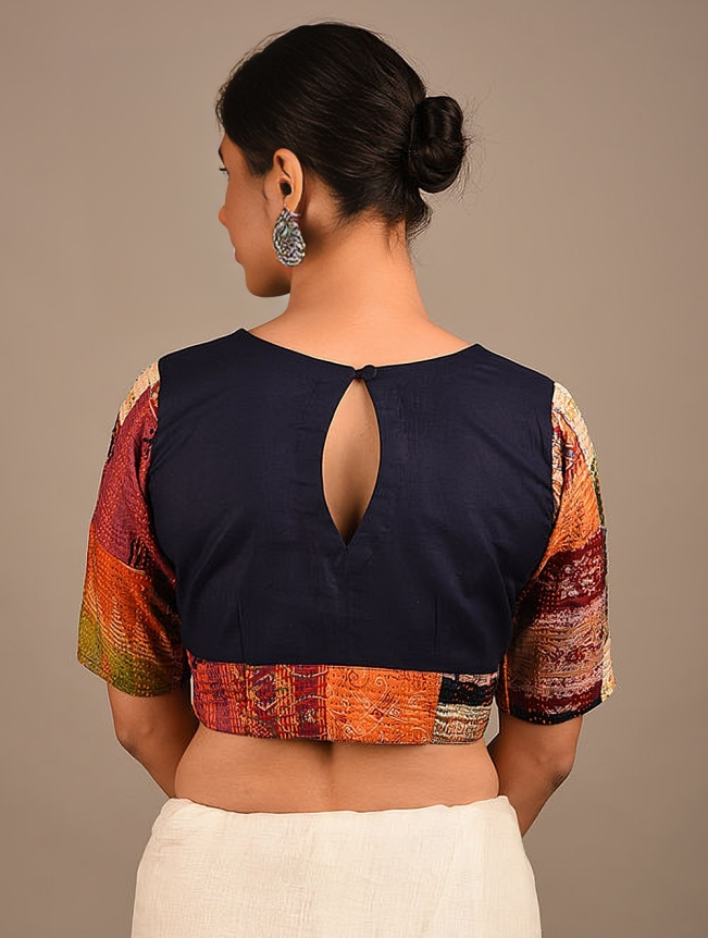 NEEL: Navy Blue Kantha Patchwork Blouse for Saree - SIMPLY KITSCH