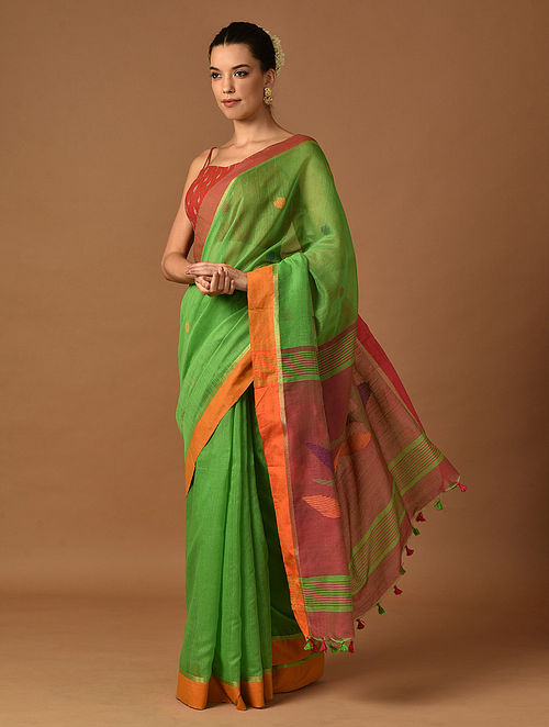 HARYALI: Handloom cotton saree with extra weft pattern - SIMPLY KITSCH