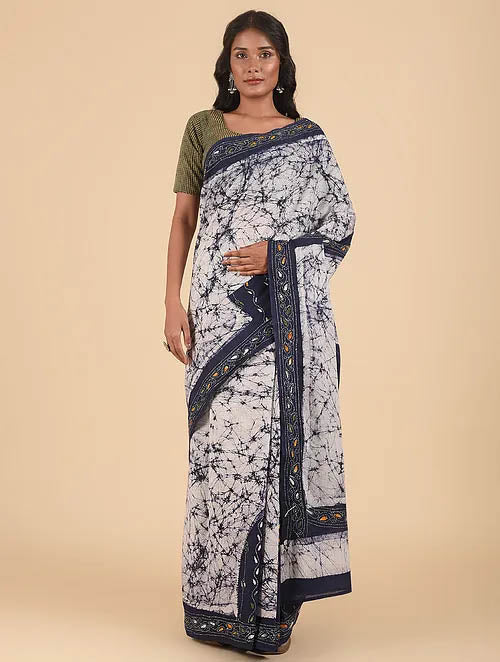 NEEL NAKSH: Cotton batik saree with hand kantha embroidery - SIMPLY KITSCH