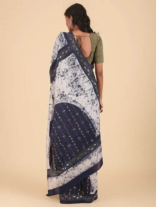 NEEL NAKSH: Cotton batik saree with hand kantha embroidery - SIMPLY KITSCH