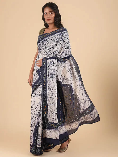 NEEL NAKSH: Cotton batik saree with hand kantha embroidery - SIMPLY KITSCH