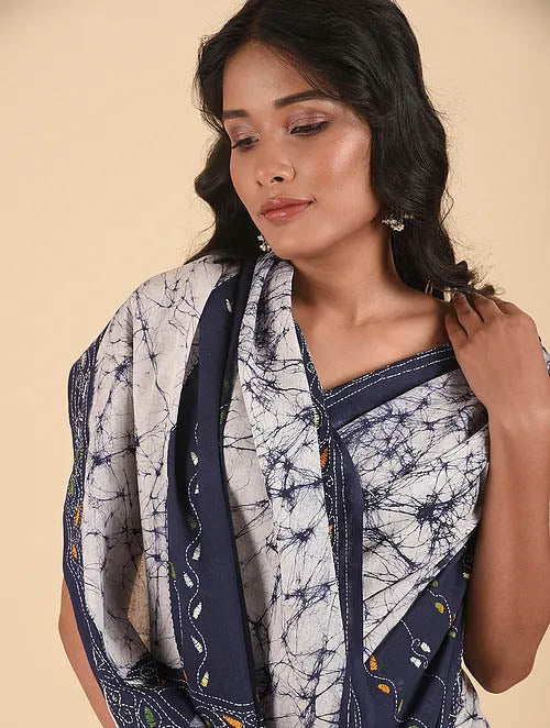 NEEL NAKSH: Cotton batik saree with hand kantha embroidery - SIMPLY KITSCH