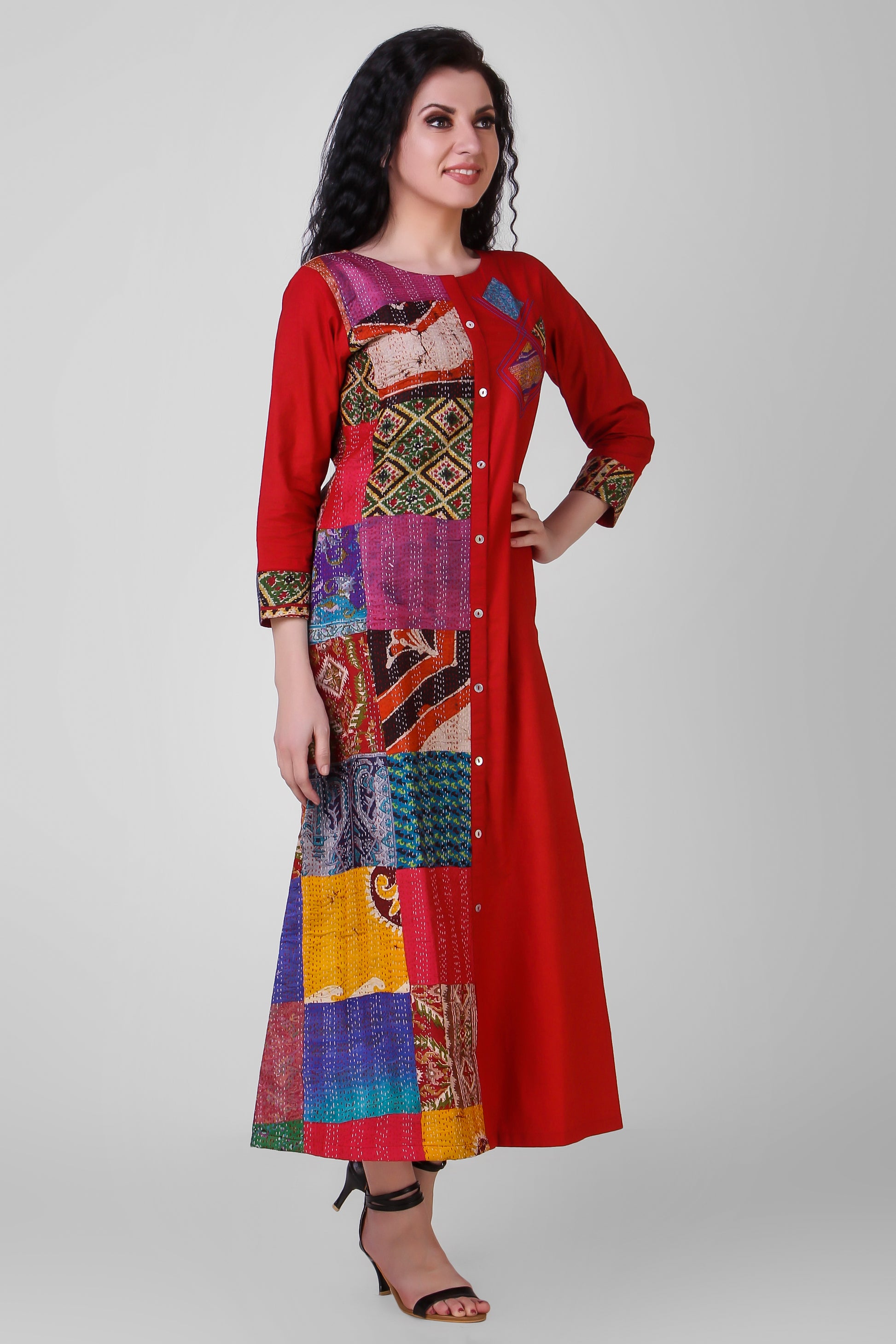 GULAAL: Red vintage silk kantha hand embroidered dress - SIMPLY KITSCH