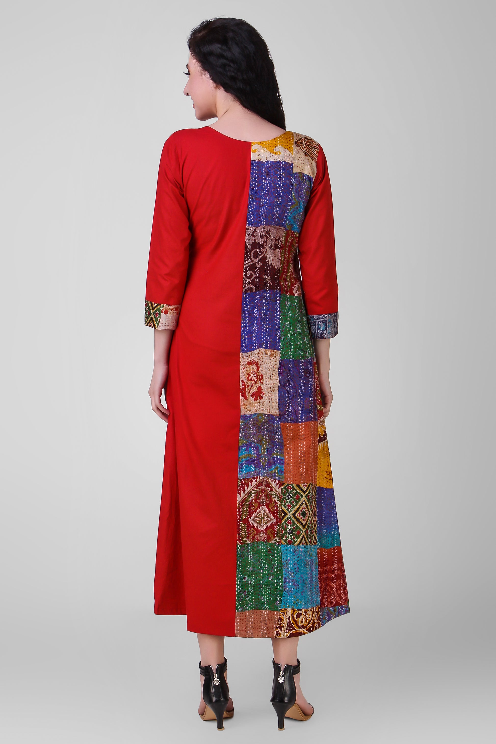 GULAAL: Red vintage silk kantha hand embroidered dress - SIMPLY KITSCH