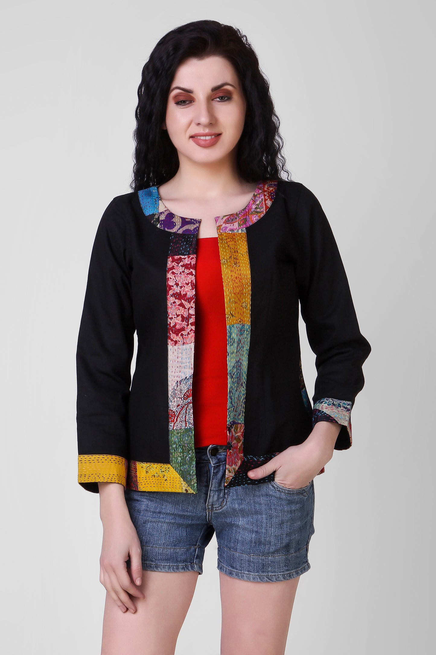 PAIBAND: Cotton jacket with silk kantha patch - SIMPLY KITSCH