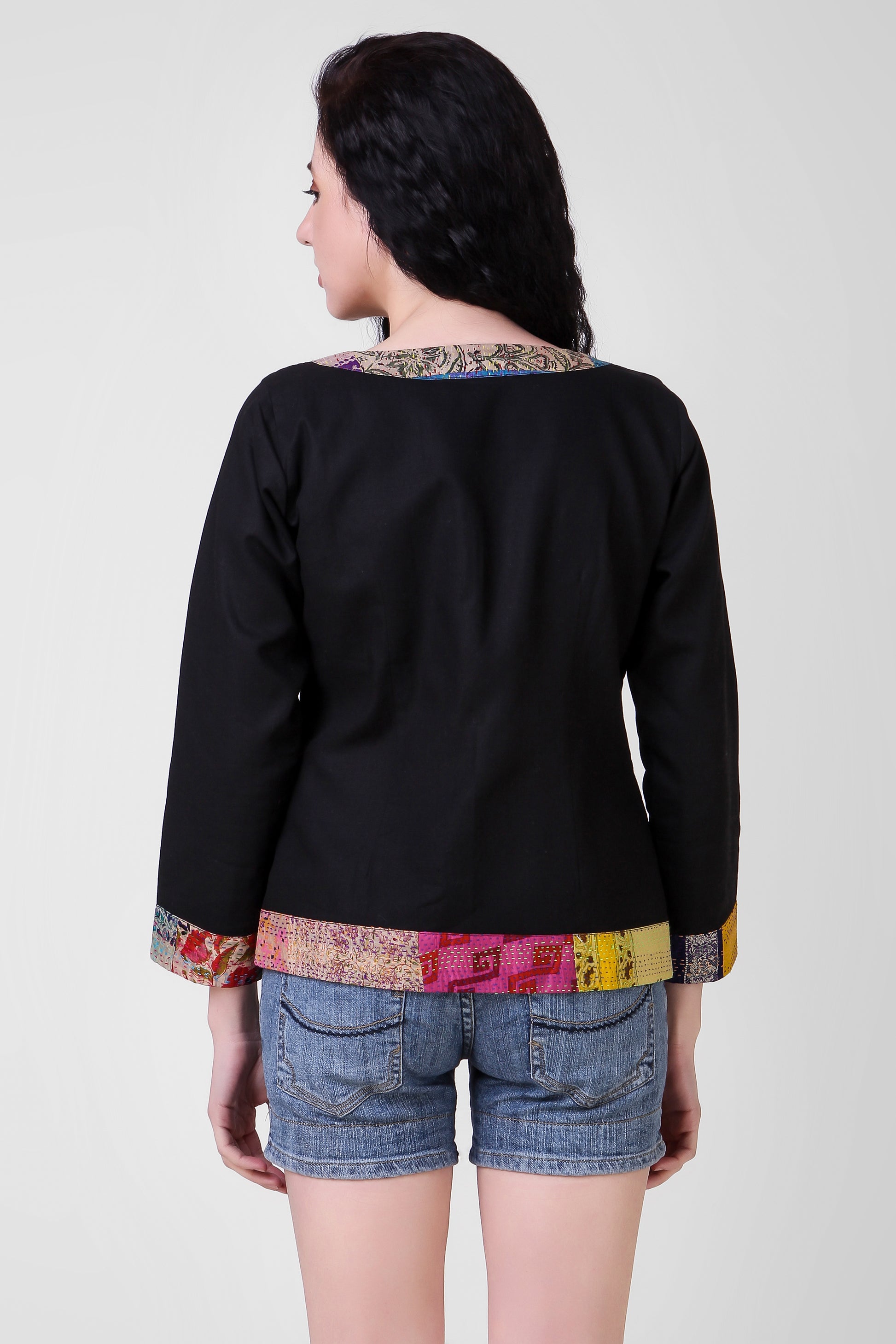 PAIBAND: Cotton jacket with silk kantha patch - SIMPLY KITSCH