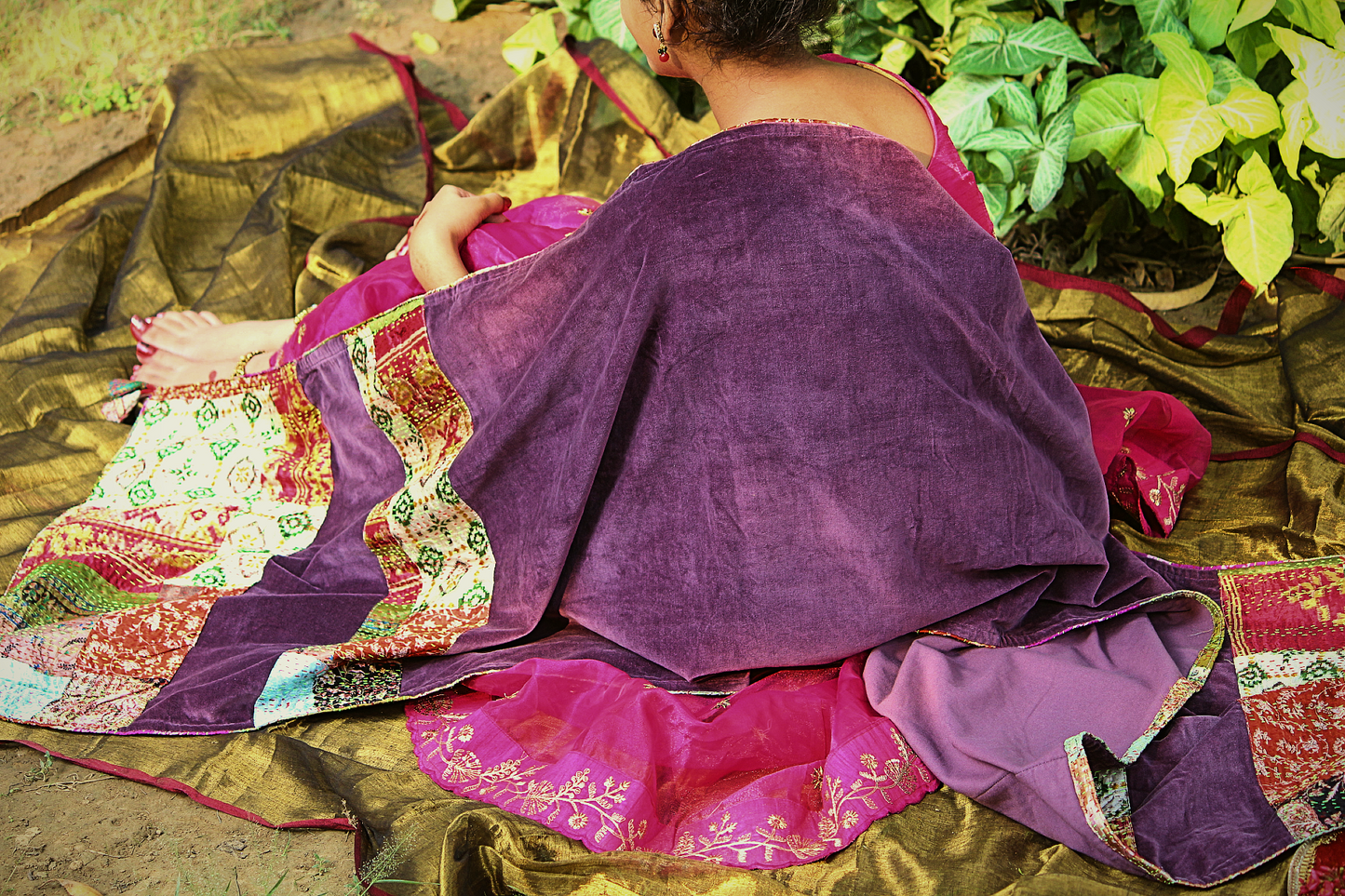 SURILI: Purple velvet Kantha Patchwork Odhini/Shawl