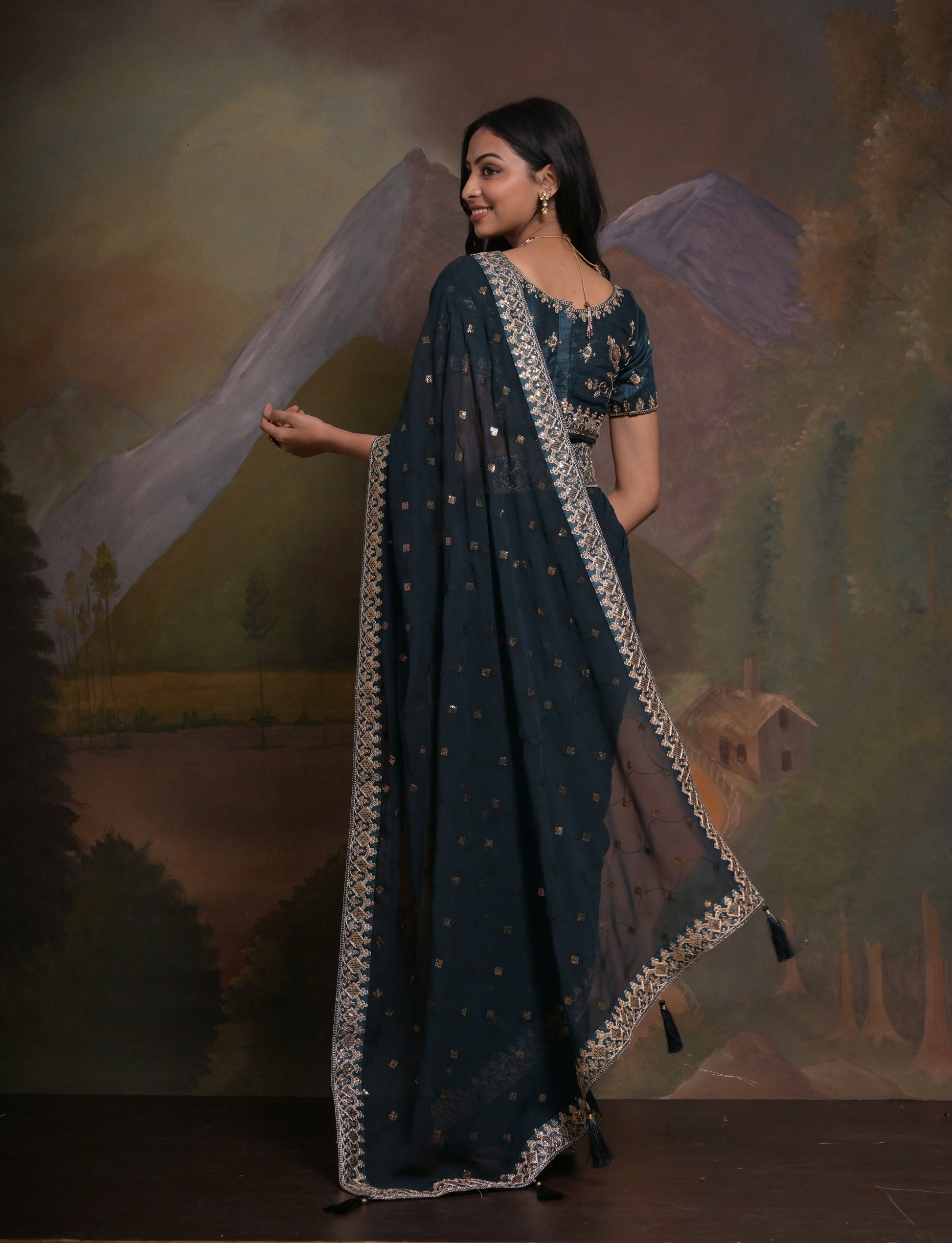 FATIMAH: Blue georgette hand embroidered saree - SIMPLY KITSCH