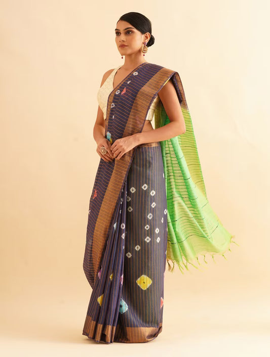 CHAKOR: Cotton silk bandhej saree with sequin details - SIMPLY KITSCH