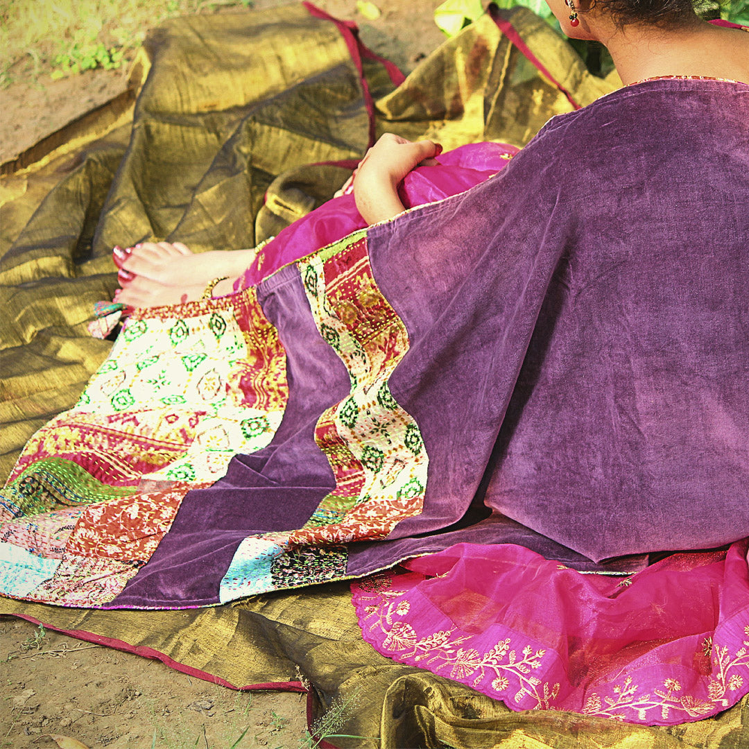 SURILI: Purple velvet Kantha Patchwork Odhini/Shawl