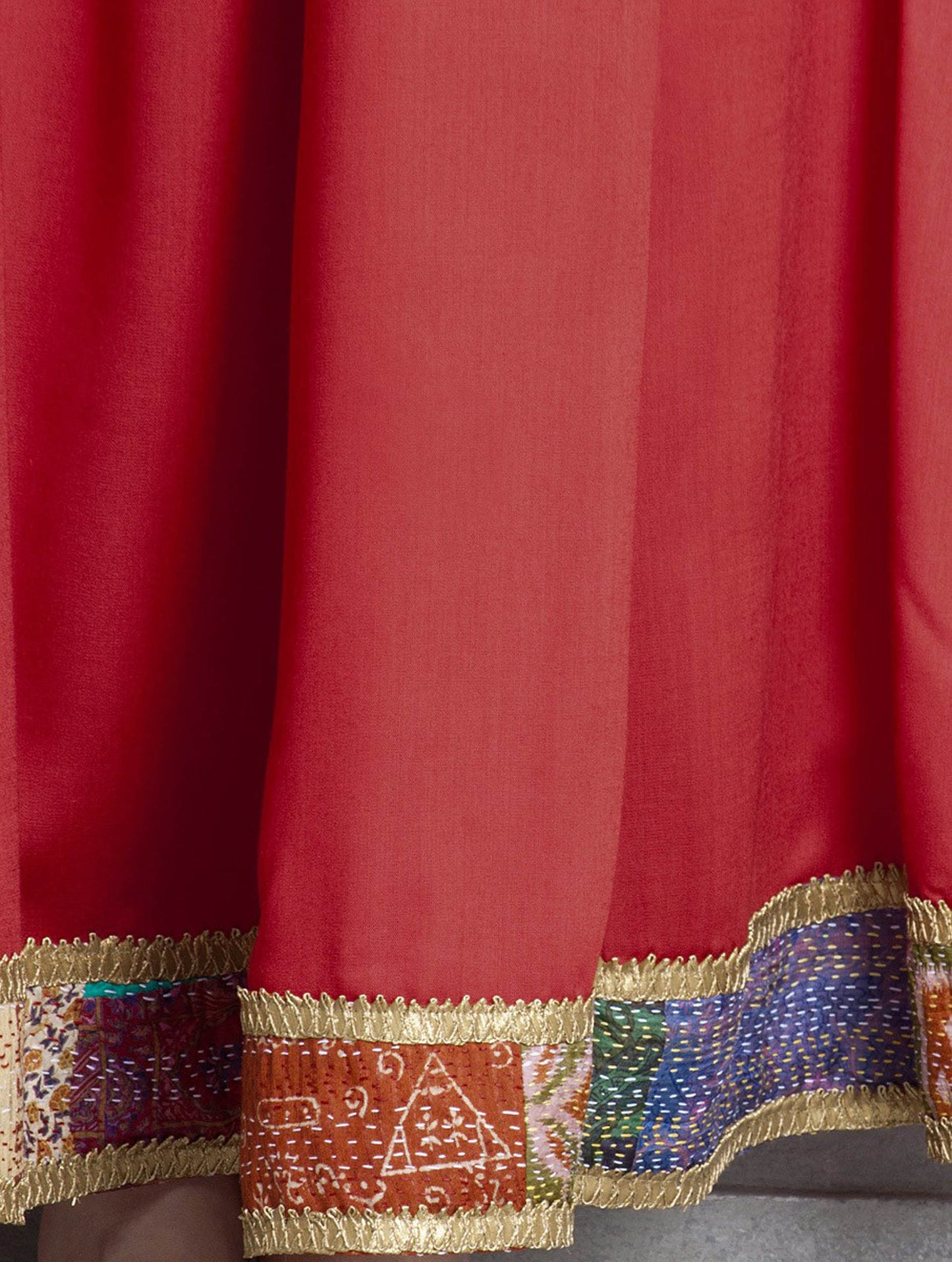 GHOOMAR: Red cotton silk kali skirt with kantha and gota border - SIMPLY KITSCH